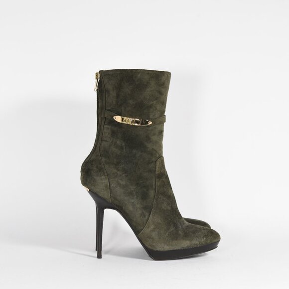 Burberry Olive Suede Ankle Boots with Gold Accents Size 37.5 Stiletto Heel - Picture 2 of 14